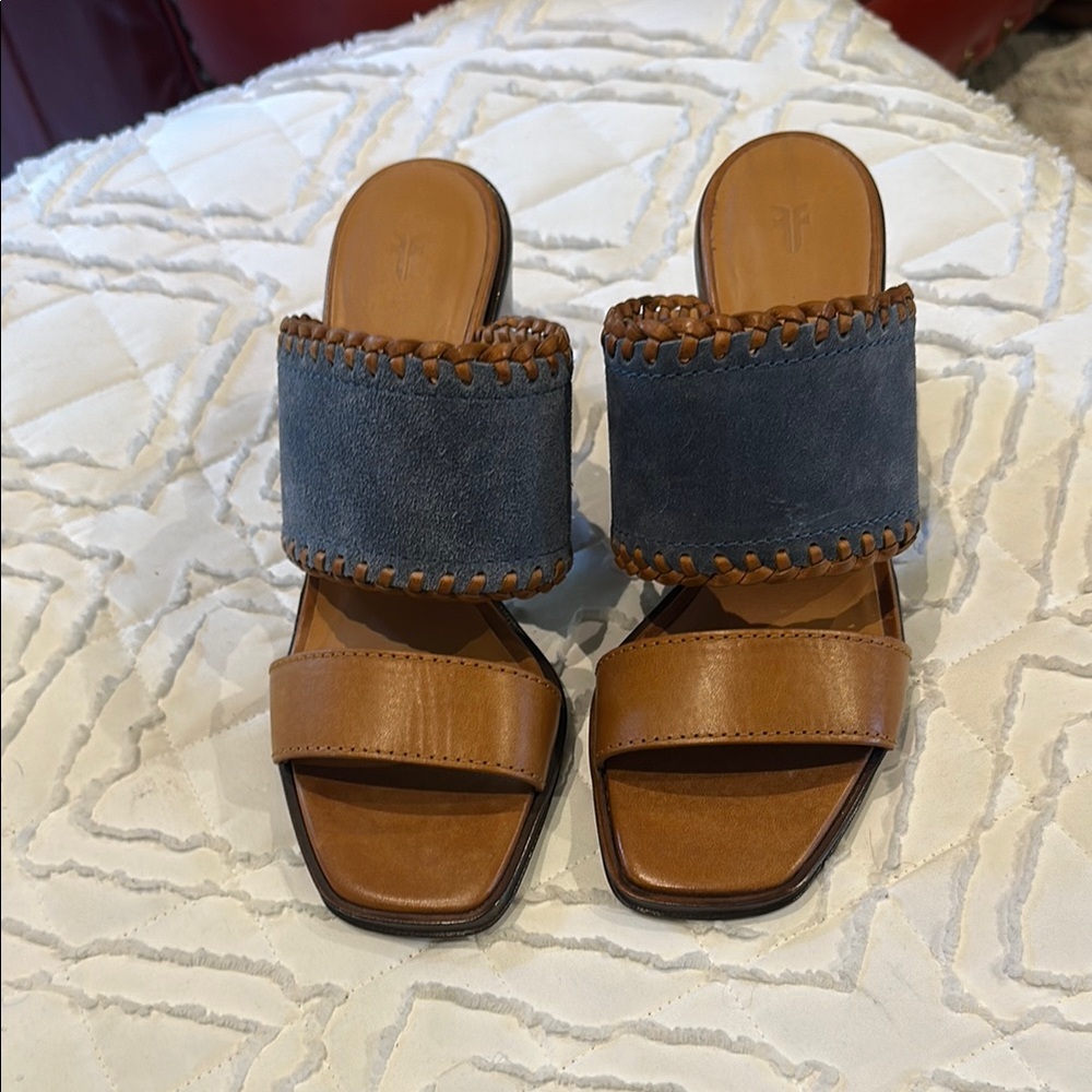 Frye Brown and Blue Sandals with Classic Two-Strap Design